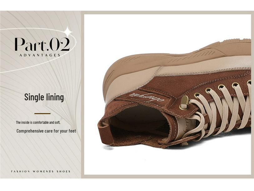 Golden Rabbit Genuine Leather High-Top Thick-Soled Women's Sneakers - 2025 Autumn/Winter Round-Toe Lace-Up Sports Casual Shoes.