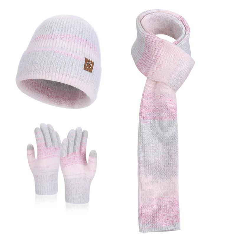Knitted Hat Scarf Gloves Threepiece Winter Warmth Set For Ladies With Wind Resistance