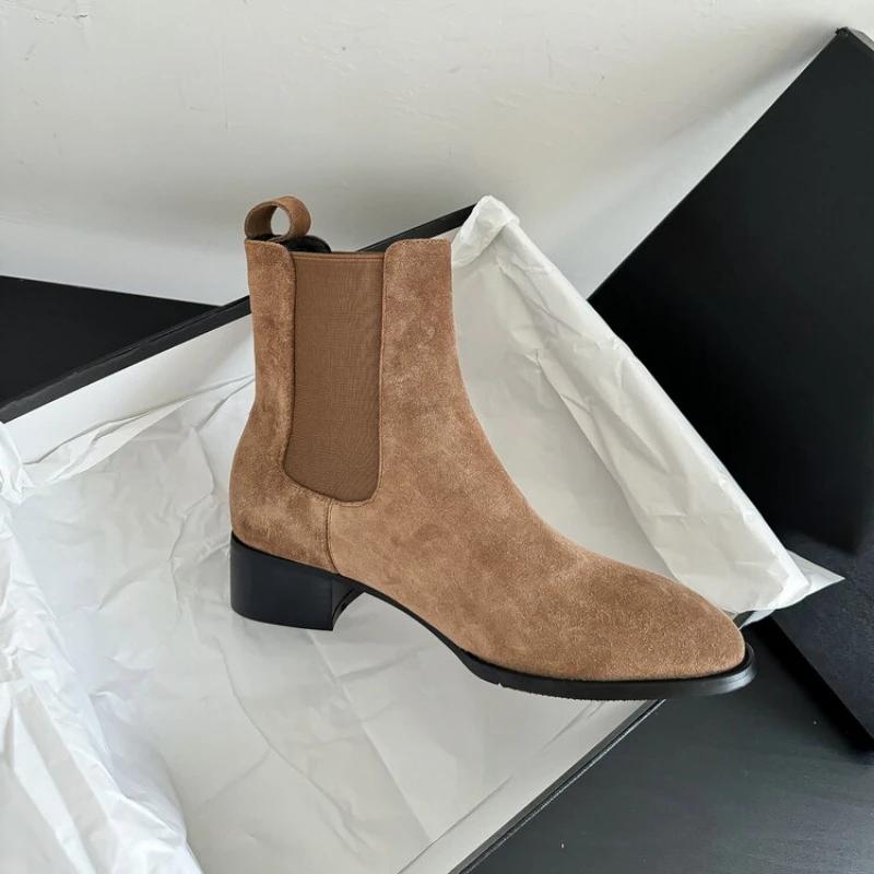 Fashion European American Cow Suede Crazy Horse Combat Casual Boots Women's Retro Fashion Commuting Shopping Chelsea Short Boots 44