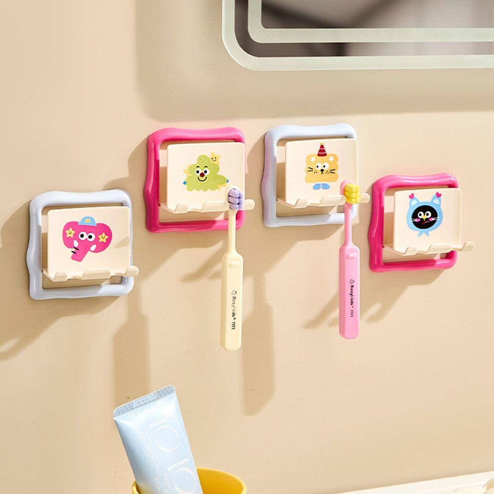 Wall Mounted Toothbrush Hooks Dopamine Punch-free Toothbrush Cup Shelves Cartoon Toothbrush Storage Rack for Household Bathroom