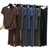 Women's Casual Summer Solid Color Base Layer Set - Round Neck, Short Sleeve, Long Pants
