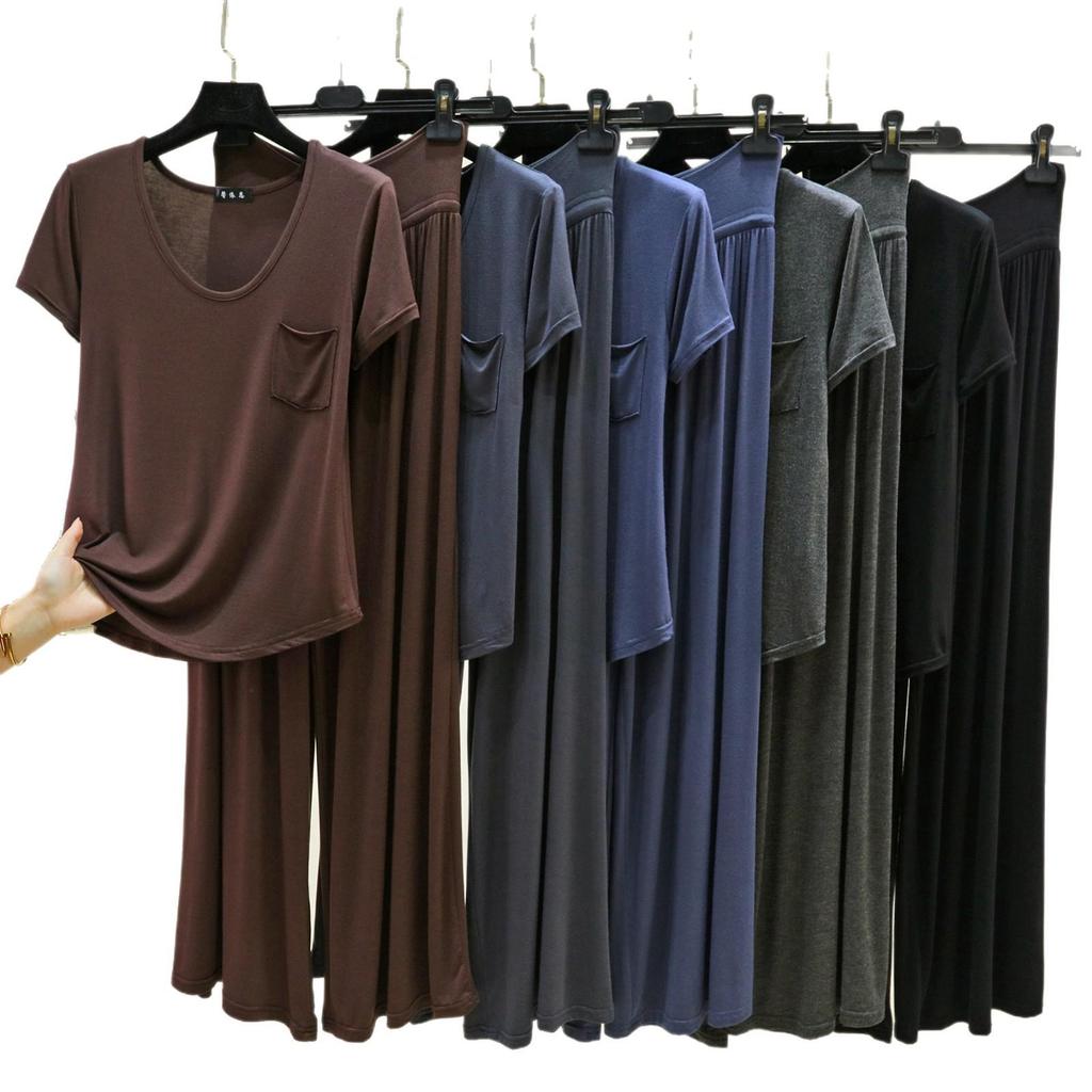 Women's Casual Summer Solid Color Base Layer Set - Round Neck, Short Sleeve, Long Pants