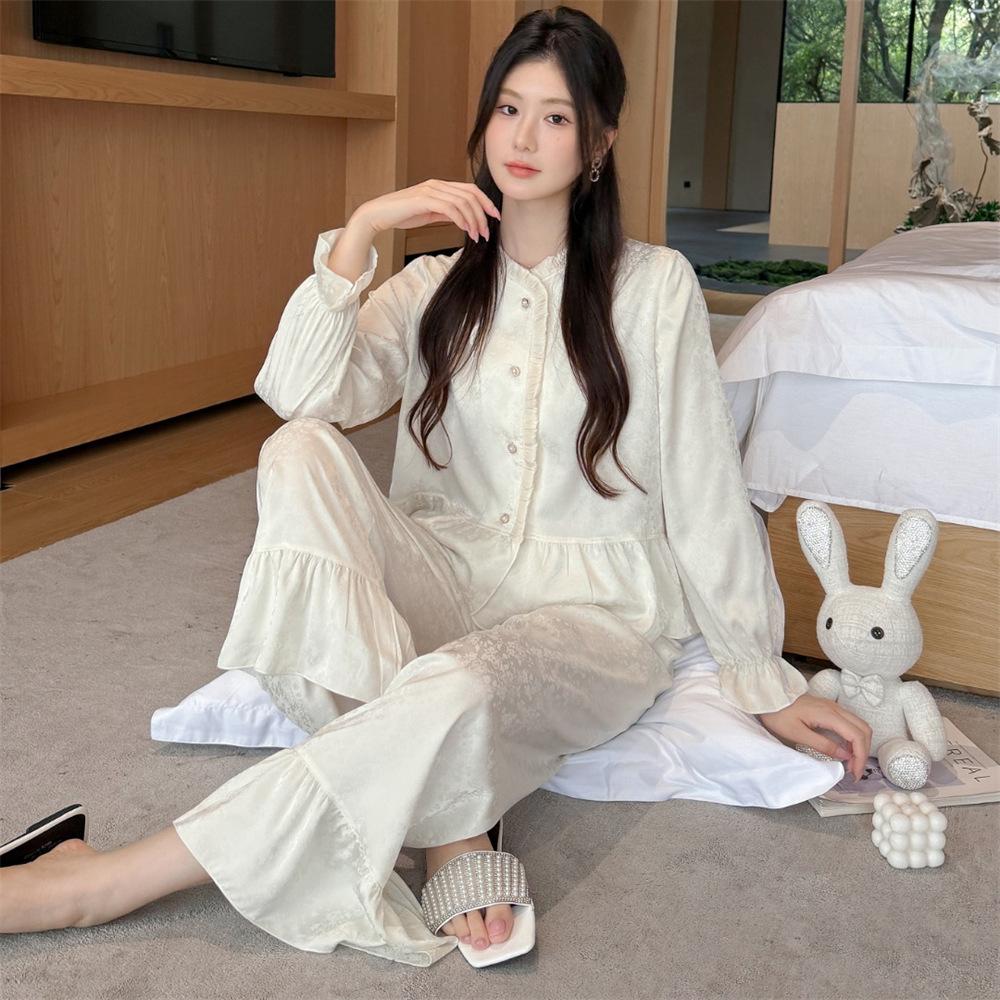 Ice silk pajamas women's spring and autumn new long-sleeved trousers two-piece set of national style casual cardigan loungewear