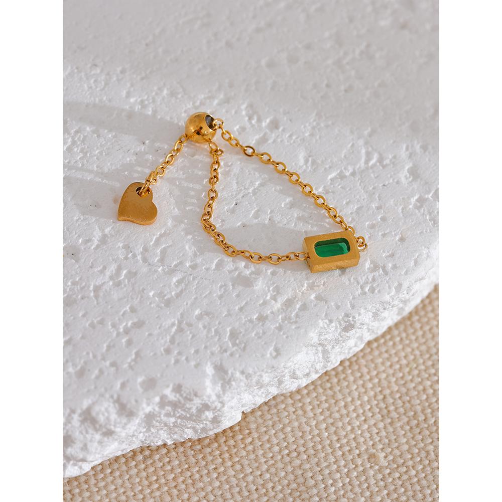 Yhpup Exquisite Green Cubic Zirconia Chain Adjustable Golden Ring Delicate Stainless Steel Fashion Jewelry for Women