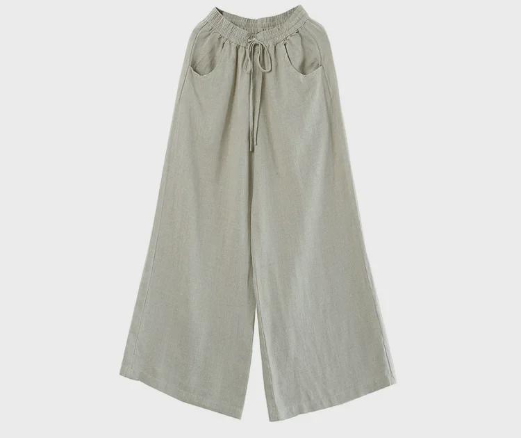 Damenhose mit hoher Taille aus Baumwolle und Leinen mit weitem Bein - Lockere Passform, Übergröße, Bodenlang