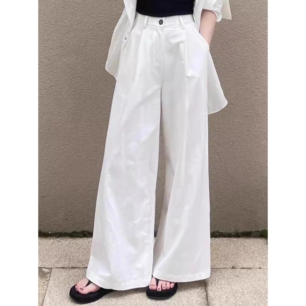 Women's White Wide-Leg Denim Pants: Slimming Drape for Spring/Autumn, Pear-Shaped Fit, Loose, Thin Style, Casual Elegance.