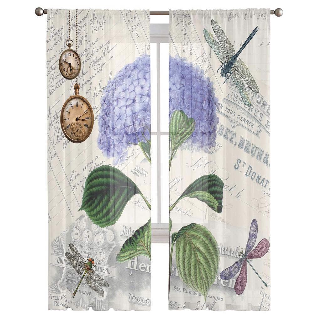 Purple Flower Dragonfly Clock Retro Tulle Curtain Voile Transparent Tulle for Bedroom Living Room Kitchen Sheer Window Curtains