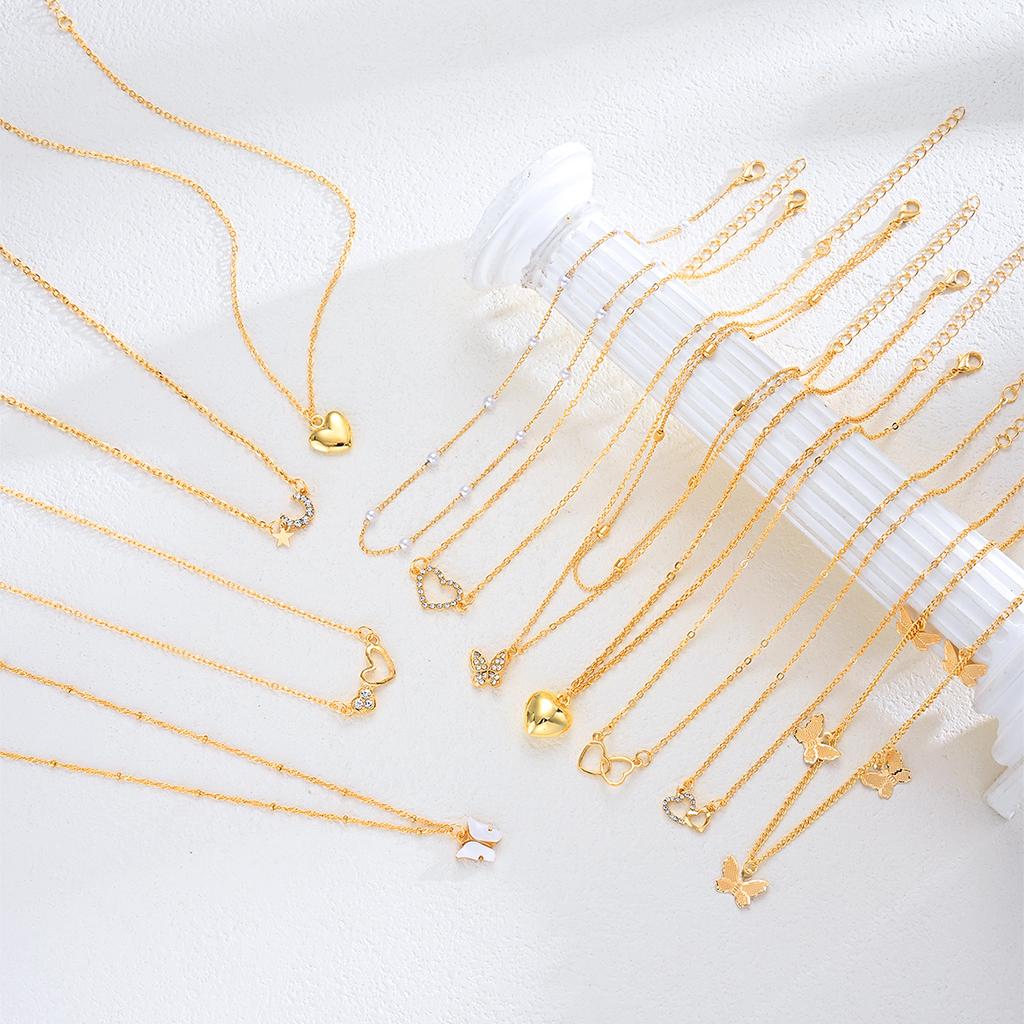 Fashion Elegant Multi-layered Necklace Set for Women Vintage Zircon Pearl Heart Butterfly Star Moon Pendant Necklace Jewelry New