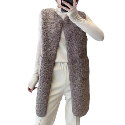 Gilet d'automne et d'hiver pour femme, manteau à col rond, ample, mi-long, sans manches, simple boutonnage, poches, cardigan chaud et épais
