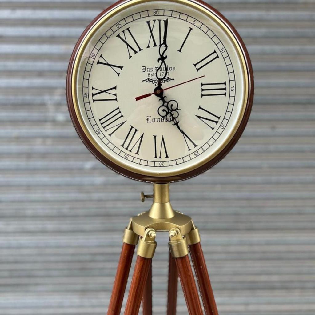 Modern Brown Polished Wooden Tripod Clock Large Analog Display for Home and Office Adjustable Tripod Clock