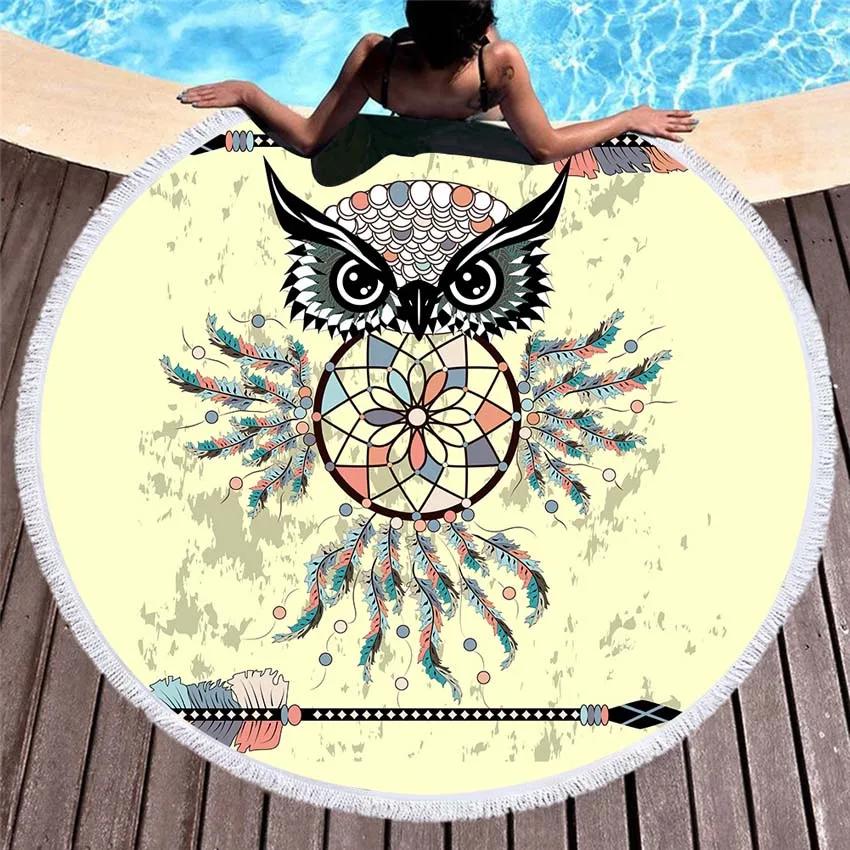 Owl Summer Round Beach Towel Seaside Wall Tapestry Dream Catcher Blanket Bath Sports Towels Bikini Cover Up Towel