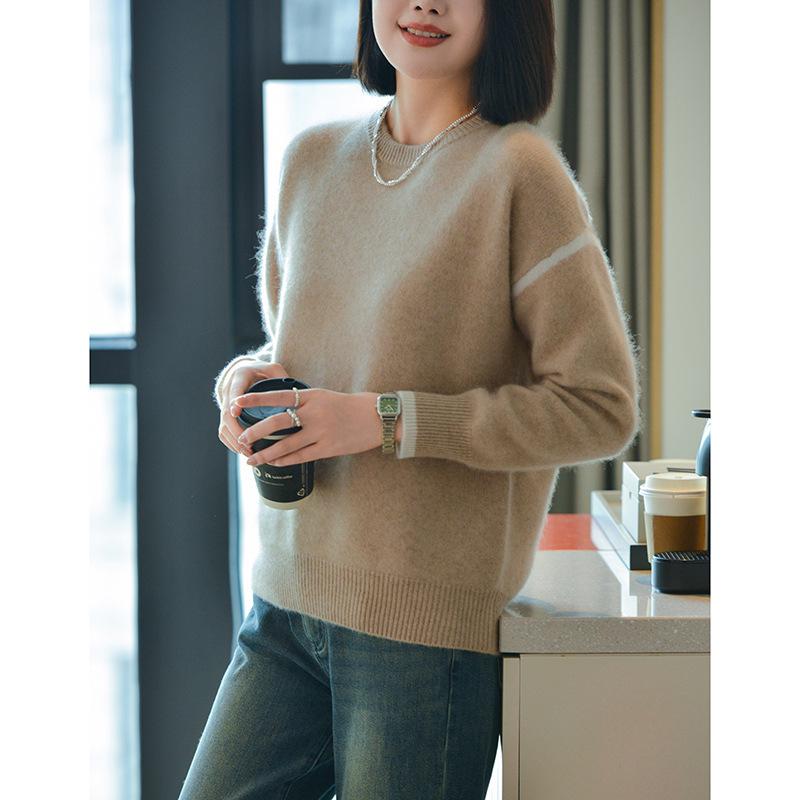 Women's Pure Wool Round Neck Color Block Sweater - Autumn/Winter 2024 Korean Style Loose Fit Pullover