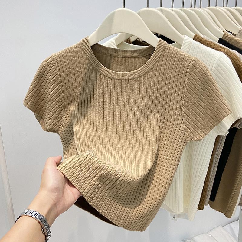 Dames Ronde Hals Brede Streep Korte Mouw Gebreide Top Lente/Herfst Seizoen Slank Makend Korte Blouse