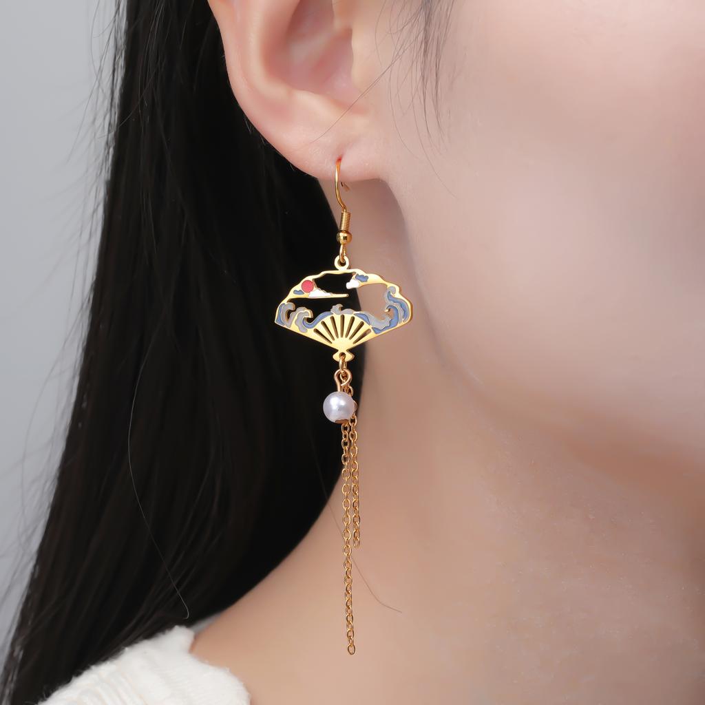 Teamer Enamel Folding Fan Charms Pearl Pendant Earrings For Women Girls Stainless Steel Hoop Earrings Fashion Jewelry Gift New