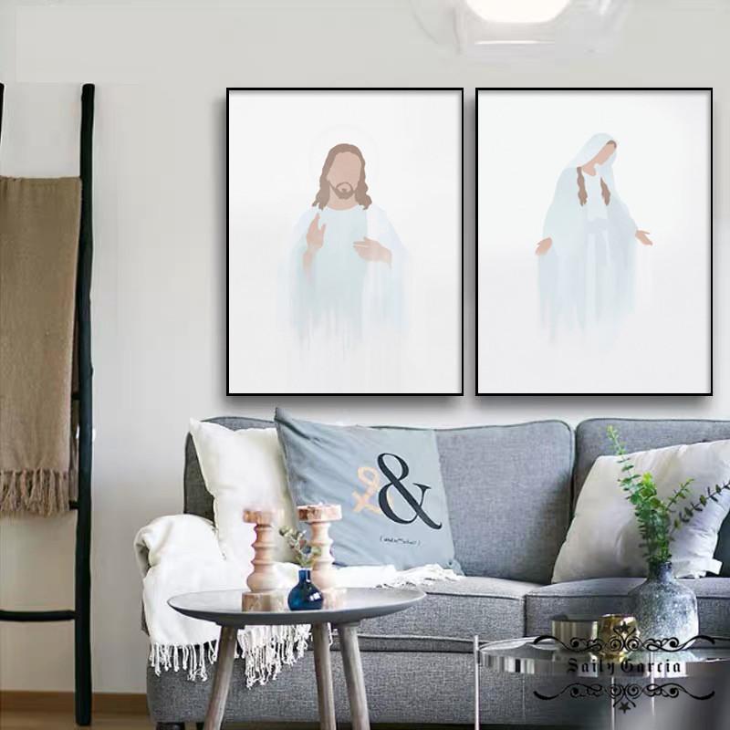 Peinture sur toile de la vierge marie, jésus, imprimés de Religion chrétienne, affiche bleue aquarelle, images minimalistes pour décor artistique mural de maison