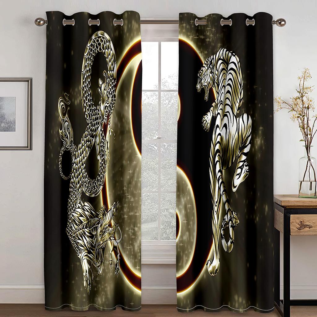 Chinese Tai Chi Pattern Black and Gold Black and White Curtains, a Set of Two Pieces, Home Bedroom Living Room Curtains