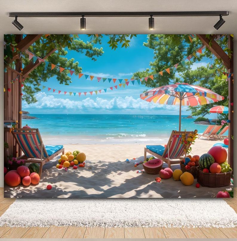 Summer Seaside Fruit Beach Palm Tree Theme Banner Background, Holiday Camping Party Decoration Photography Studio Backdrop Cloth