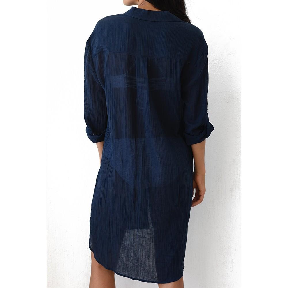 Wrinkled Fabric Pocket Button Beach Cover Up Women's Solid Color Bikini Shirt