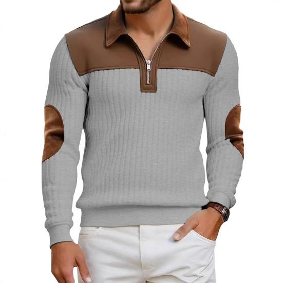 Herr Quarter Zip Tröja Långärmad Nedvikbar Krage Pullover Färgblock Jacquard Sweatshirt med Armbågslappar för Street Daglig Användning