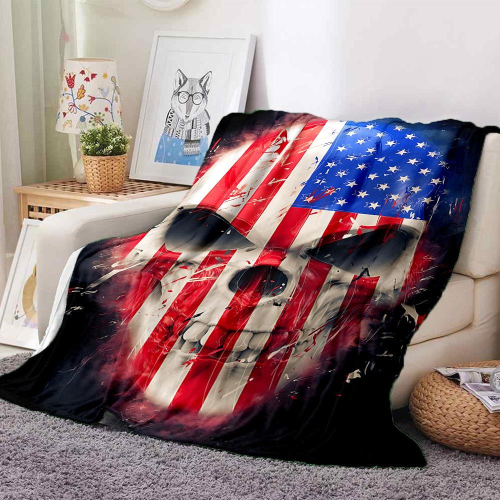 1pc Patriotic Skull Blanket, Lightweight Flannel Blanket For Sofa, Bed, Travel, Camping, Living Room, Office, Couch, Chair228