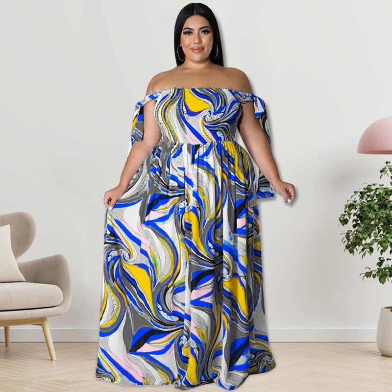 Plus Size Womens Off-Shoulder Ruched Strap Maxi Dress With Bow Print Milk Silk Sleeveless Flowy Skirt Streetwear
