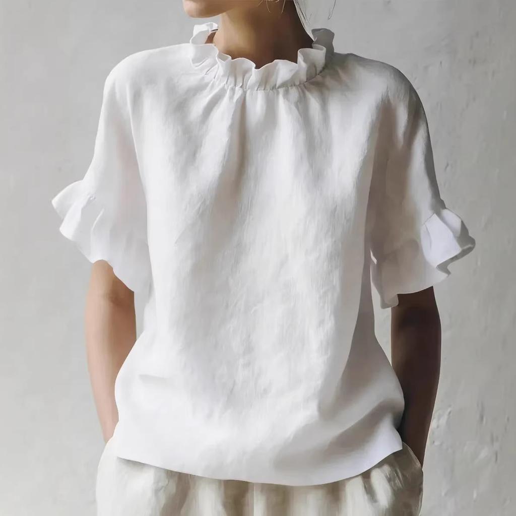 Women Summer New Solid Color Casual Loose Ruffle Short Sleeve Blouse
