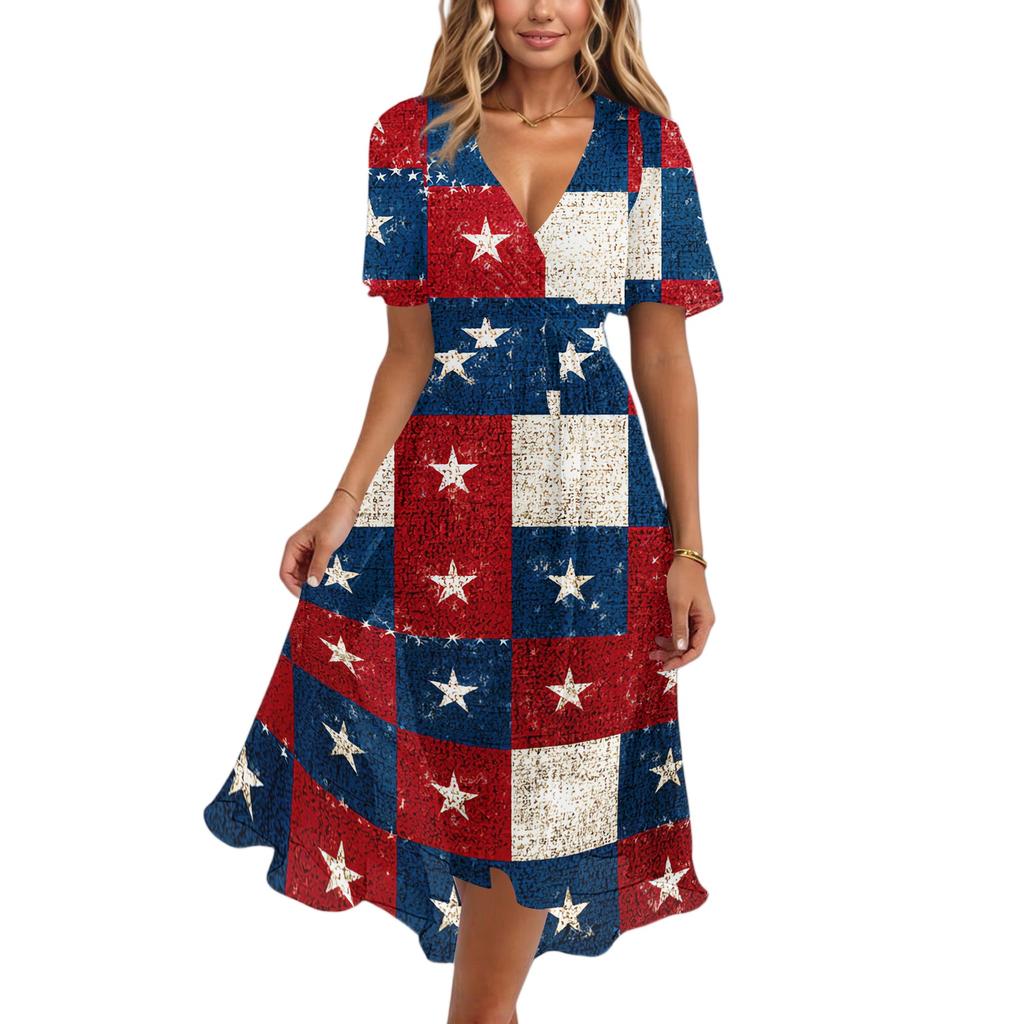Women V Neck Short Sleeve Casual Dress Independence Day Star Print Wrap Midi Dress with Tie Waist Summer Party Dress
