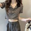 Top Polo Crop Negru și Alb cu Dungi pentru Femei, Mânecă Scurtă, Croială Slim Fit, Tricou