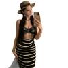 Korean Striped Three-Piece Bikini with Skirt - Women's Sexy Beach Swimsuit