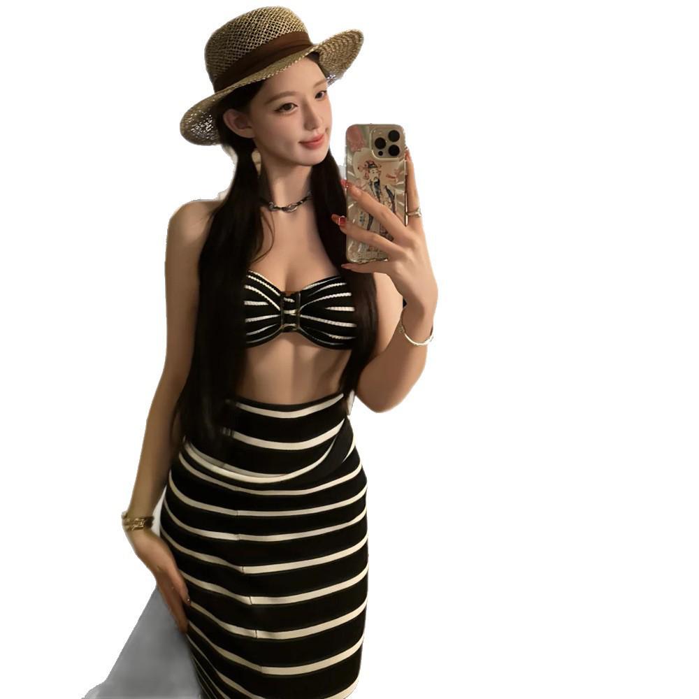 Korean Striped Three-Piece Bikini with Skirt - Women's Sexy Beach Swimsuit