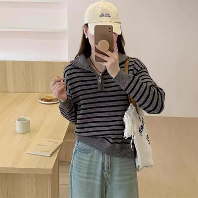 Retro Striped Lapel Half Zipper Pullover Sweater Women's Autumn and Winter Loose Versatile and Thin Lazy Style Knitted Sweater Top