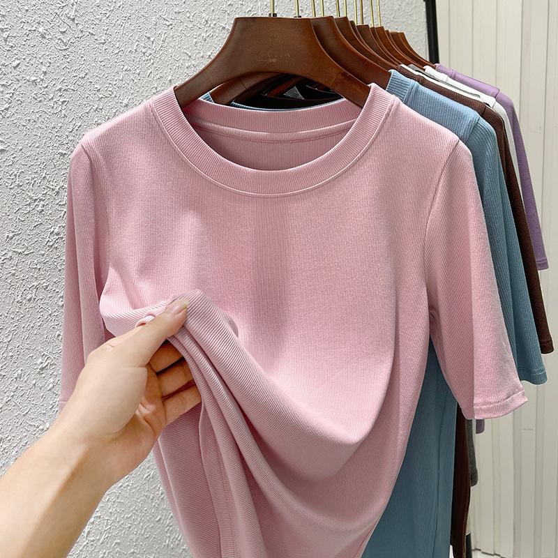 

Женская футболка со средним рукавом, рукав три четверти, новая осенняя базовая футболка, облегающий топ с коротким рукавом и круглым вырезом XXXL розовый