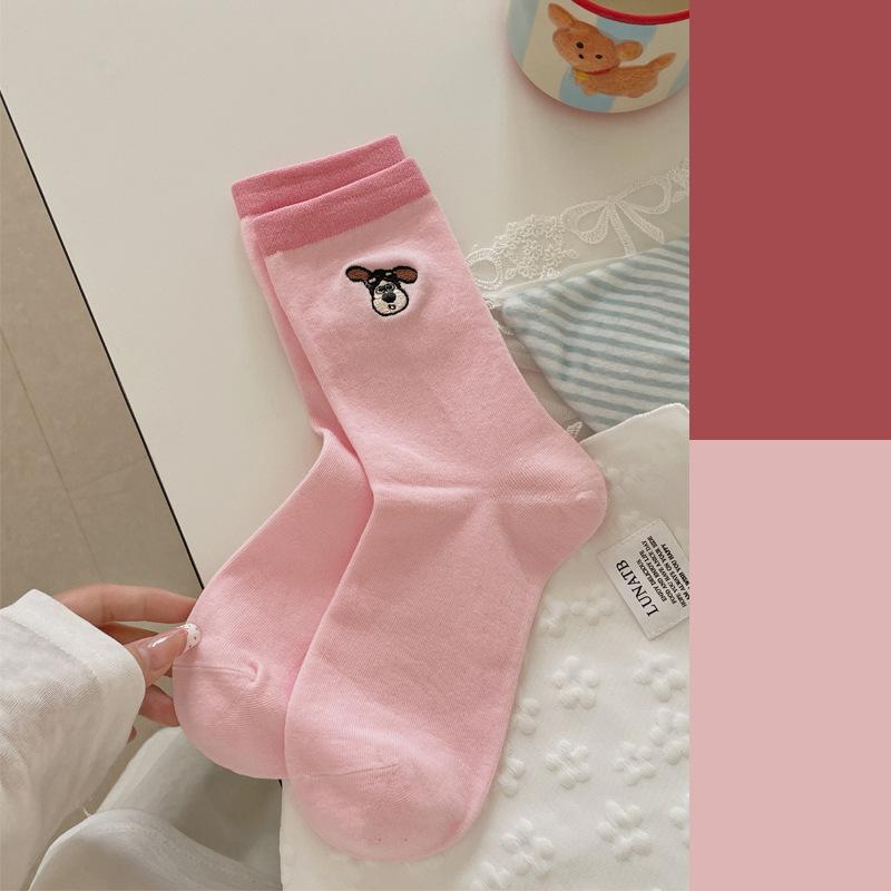 Cartoon Embroidered Socks, Cute Girl Puppy Mid-calf Socks, Autumn Color-blocking Pile Socks, Boneless Socks