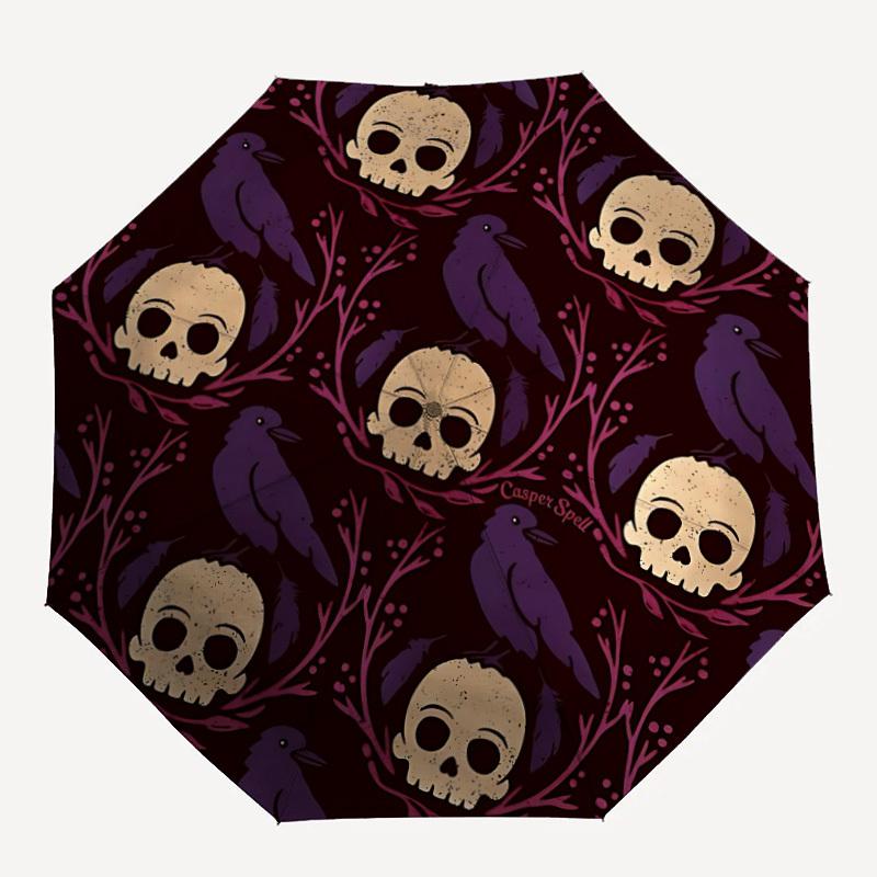1pc Skulls Ravens Automatic Umbrella - 8-Rib Portable Folding Black Iron Frame for Outdoor, Beach, Travel, Beach Umbrella,011