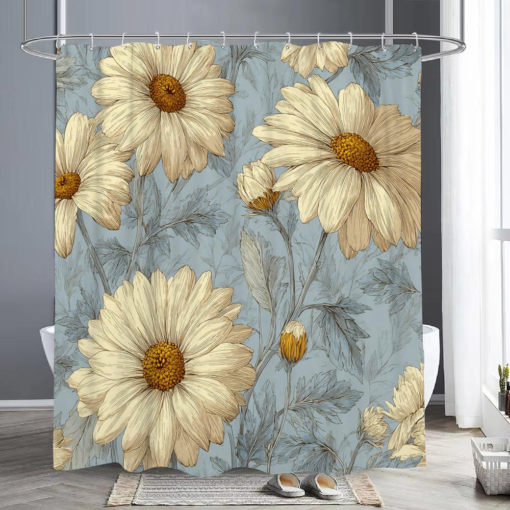 White Daisy Flowers Shower Curtain, Floral Art Bathroom Decorative Shower Curtain, Printed Polyester Fabric Curtain with Hooks