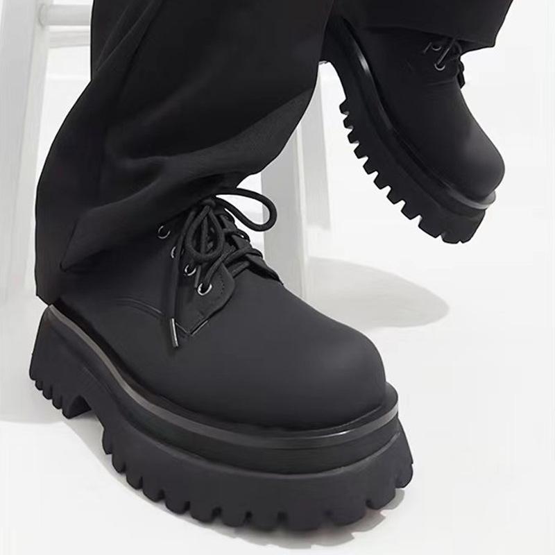 Fashion Round Toe Lace-Up Derby Shoes Women/men 2025 Spring New Casual Black Heightening Leather Shoes Platform Microfiber Leather Shoes