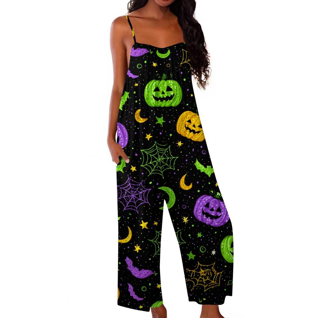 Women Halloween Printed Loose Jumpsuit Casual Sleeveless Wide Leg Romper Comfortable Fit for Seasonal Wear