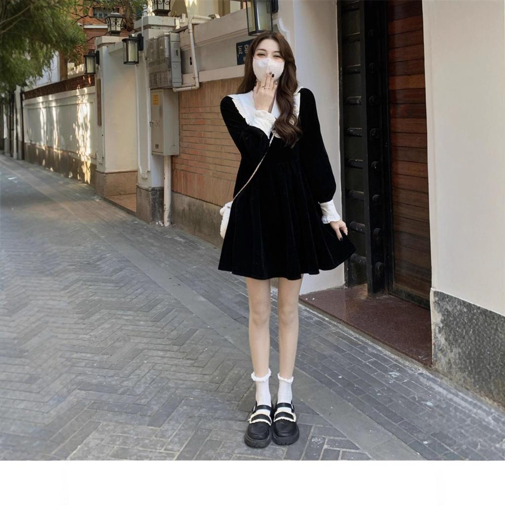 Autumn new Hepburn style black velvet dress women's vintage college style Lolita little black dress