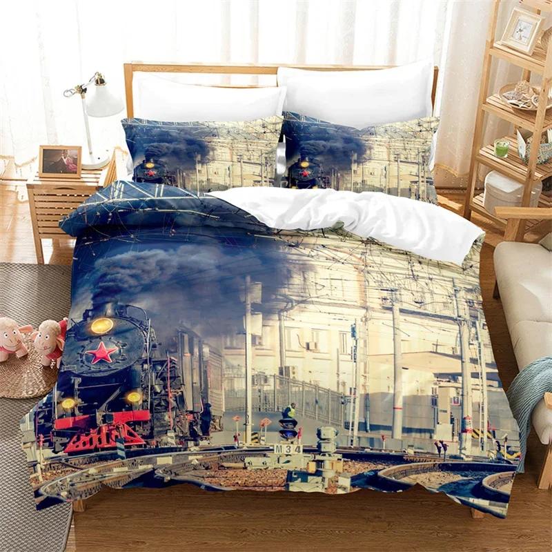 Funda Nórdica Tamaño Completo Trenes para Niños Juego de Cama de Locomotora de Vapor Microfibra 3D Vehículos Ferroviarios Cubierta de Edredón para Decoración de Habitación de Niños Adolescentes