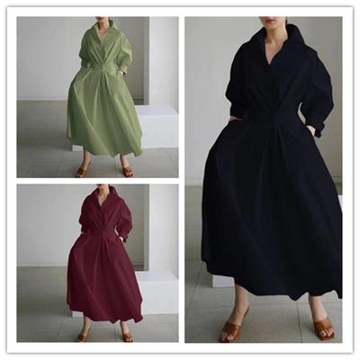 Women Lapel POLO Collar Elastic Waist Shirt Dress Plus Size