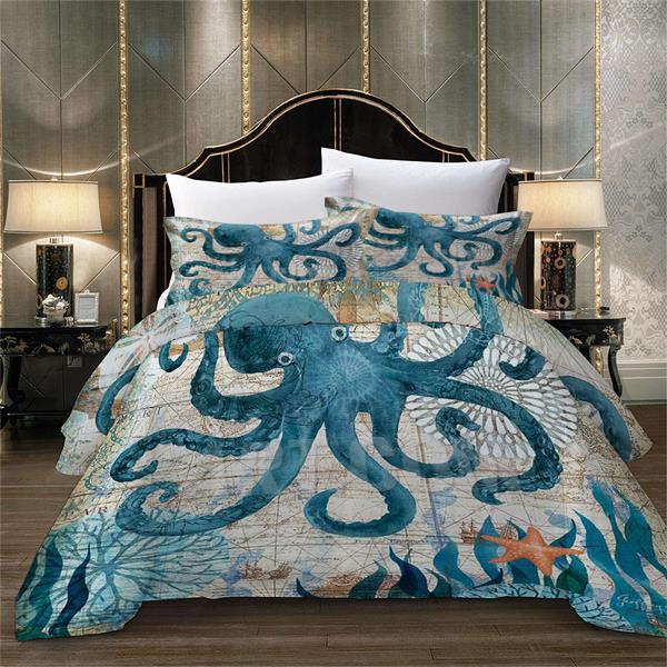 Ocean Octopus Duvet Cover SetSea Animal BeddingMediterranean Style DesignStarfishSeaweed Turtles Dolphins Comforter Cover