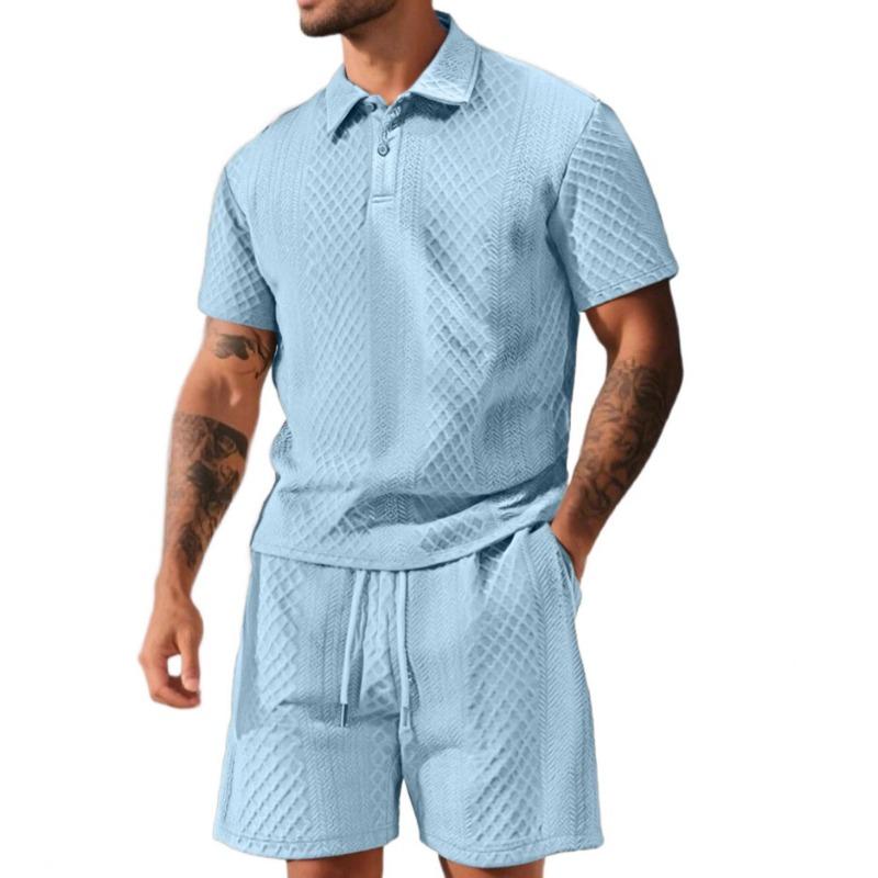 

Mens Casual Two Piece Outfit Textured Polo Shirt And Shorts Set S синий