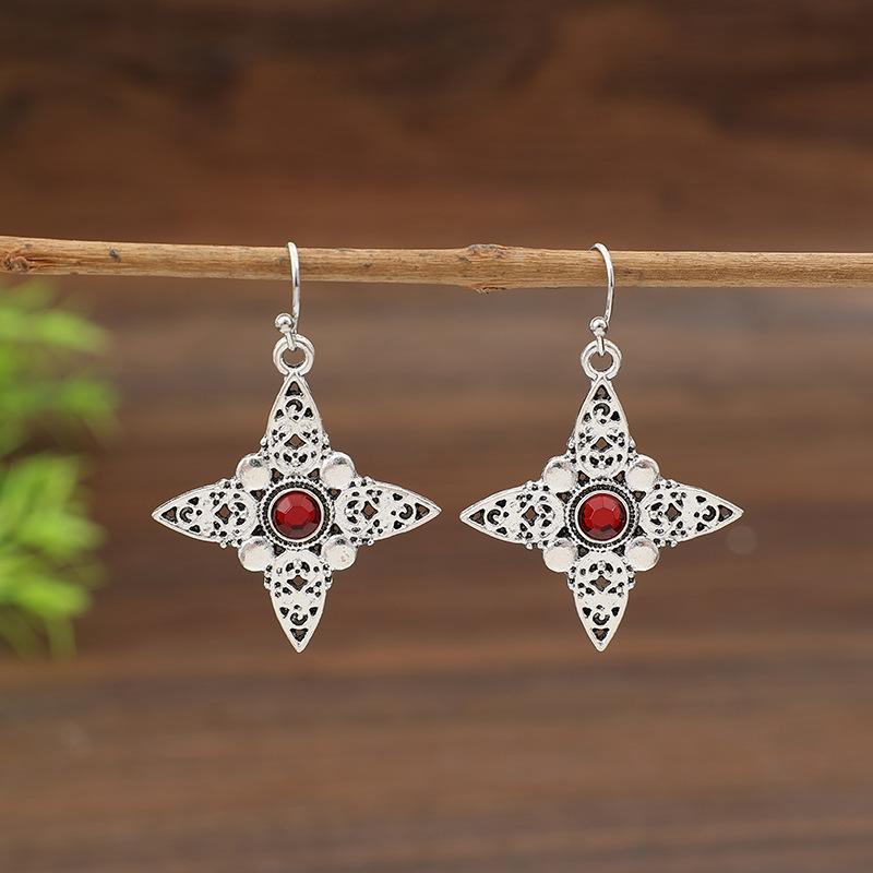 Vintage Round Flower Inlaid Red Stone Earrings Geometric Creativity Silver Color Dangle Earrings for Women Jewelry