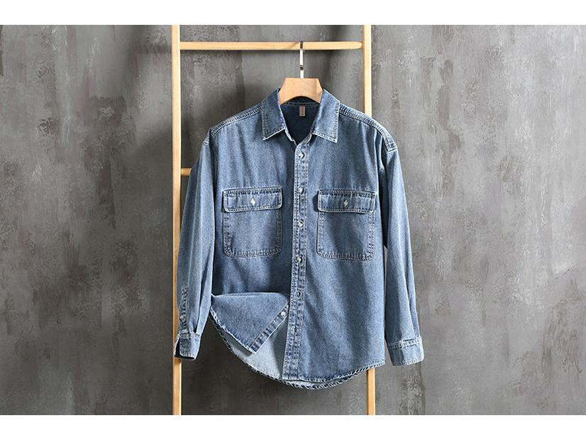 Autumn Men's Retro Light Denim Long Sleeve Shirt with Double Pockets