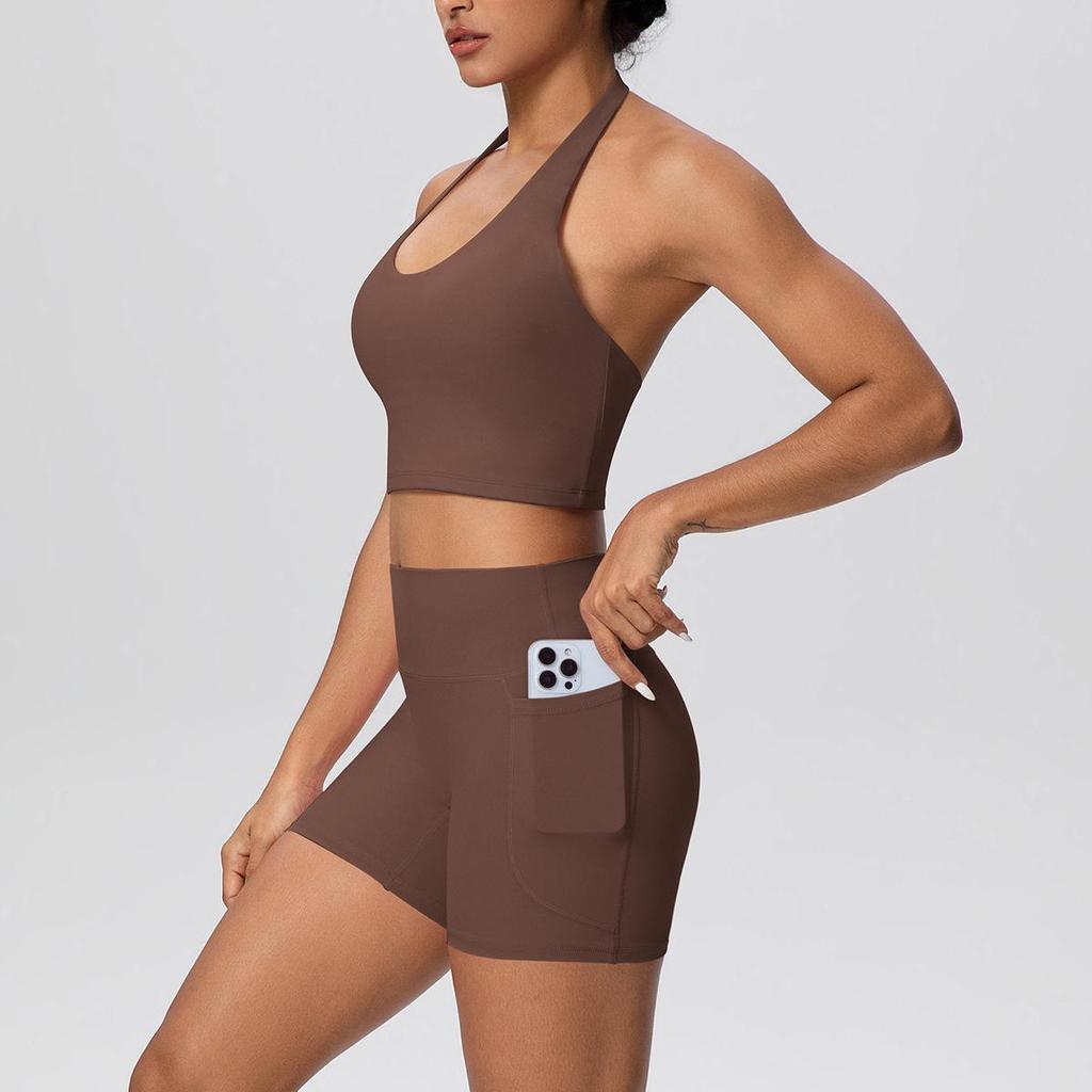 Cross-Border Halter Sports Vest & High-Waist Pocket Yoga Shorts Set