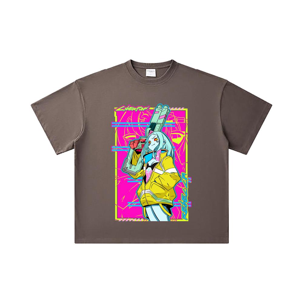 260 GSM Doppelgarn 32er Zählung 100% Baumwolle Cyberpunk Edgerunners V6 Rebecca Druck Unisex Schweres Baumwoll-T-Shirt