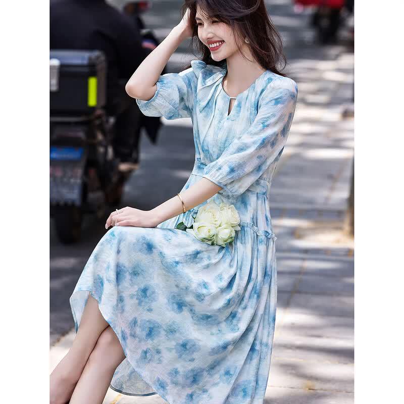 Awakening Paradise Summer French Style Floral Chiffon Midi Dress
