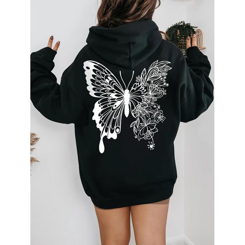 Women's Casual Polyester Hoodie with Butterfly & Floral Print, Fashionable Long Sleeves