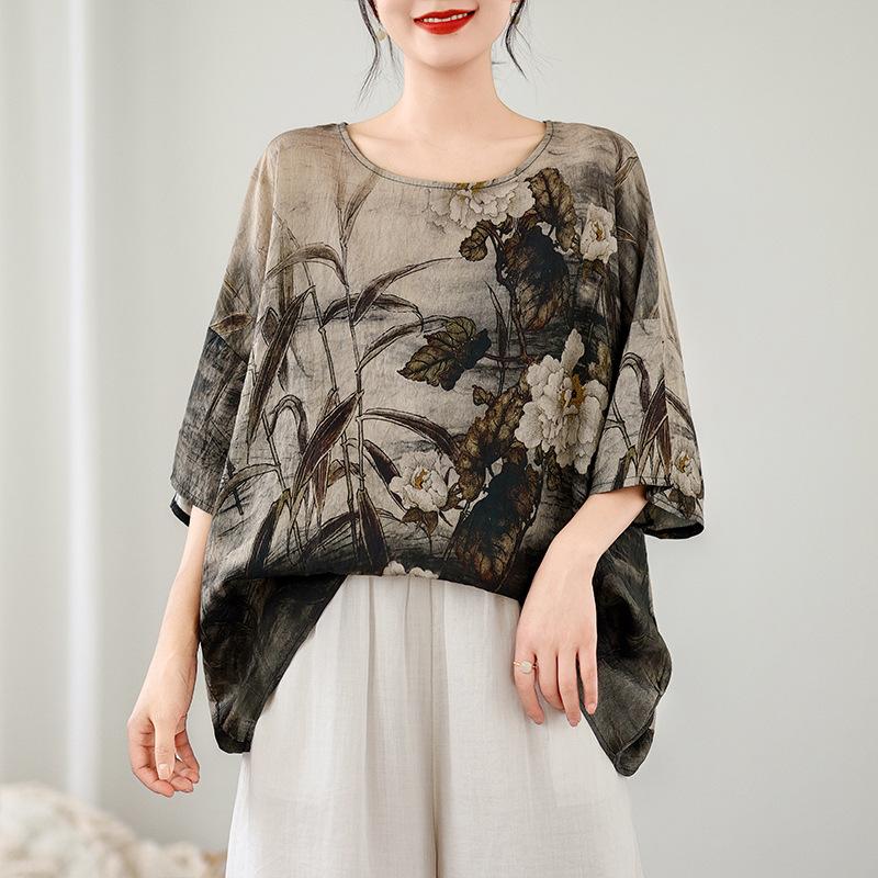 Ethnic Style Summer Cotton Linen Blouse Ethnic Style Bat Sleeve Loose Large Round Neck Comfortable T-shirt for Women