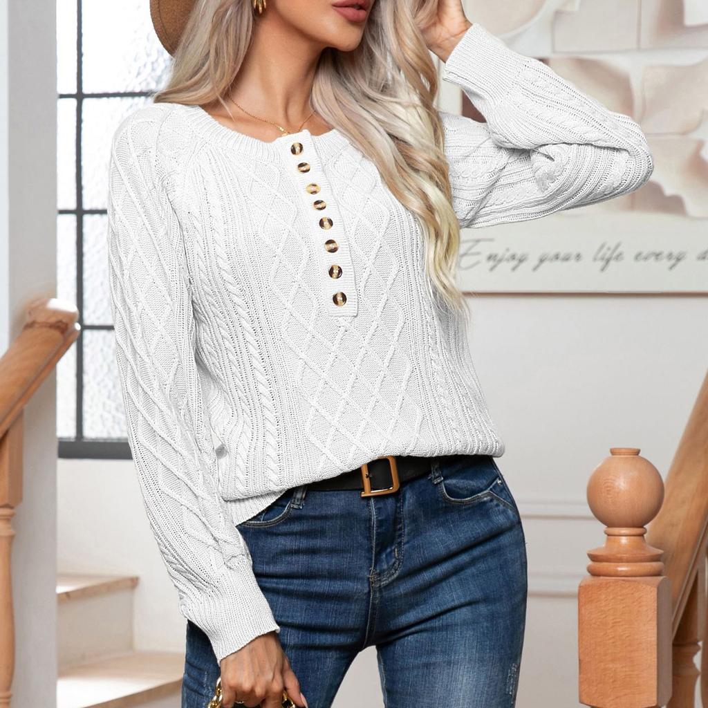 Damenmode Solid Button Twisted Langarm Teig Twists Strickpullover Bluse Frauen